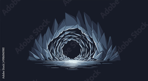 Pixelated cave entrance with icy crystalline structures and reflective water