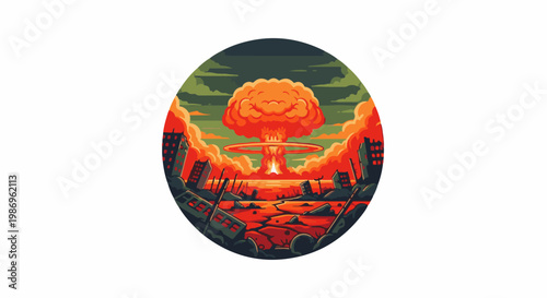 Pixelated nuclear explosion engulfs a destroyed city under a smoky, orange sky