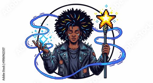 Pixelated punk witch casts a spell with a glowing star wand and blue energy