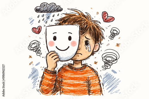 Vector feelings person doodle icon hiding simple imperfect style generation mask concept