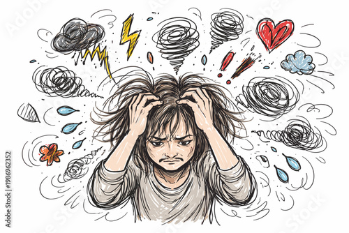 Emotional vector imperfect doodle icon overwhelm emotions uneven person lines feeling around