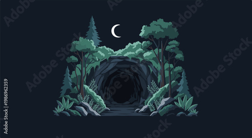 Pixel art scene of a dark forest cave entrance under a crescent moon