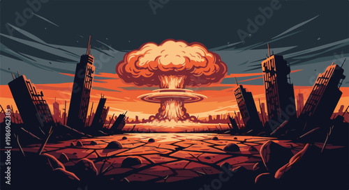 Pixelated post-apocalyptic cityscape with nuclear explosion and ruined skyscrapers