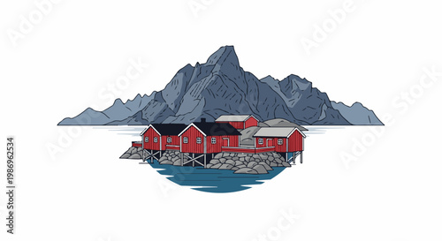 Pixel art scene of red wooden houses on stilts beside a rocky shore, mountains behind