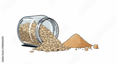 Overturned glass jar spilling oat flakes and a pile of brown sugar