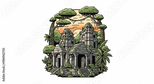 Overgrown ancient temple ruins nestled within a vibrant, lush jungle at sunset
