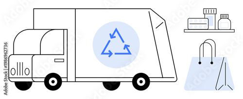 Environmental conservation, eco-friendly delivery, recycling, sustainable transportation, green packaging, waste reduction. Delivery truck with recycling symbol, shopping bag, and products