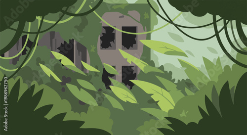 Overgrown abandoned building in a dense jungle with broken windows