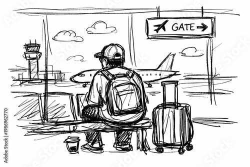 Doodle travel waiting sketch icon messy lines airport scene simple vector