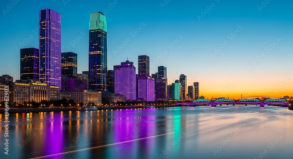 Obraz premium City skyline at sunset with river.