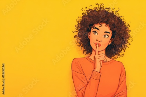 Playful hush moment: curly-haired woman hides a beauty secret with a finger to lips against a bright yellow background