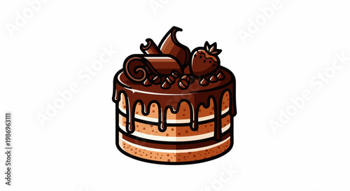 Rich chocolate cake with layers, drizzles, and a strawberry