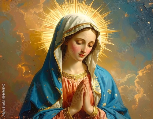A serene portrait of a woman with closed eyes and praying hands. She is adorned with a blue cloak and a white veil, with a golden halo