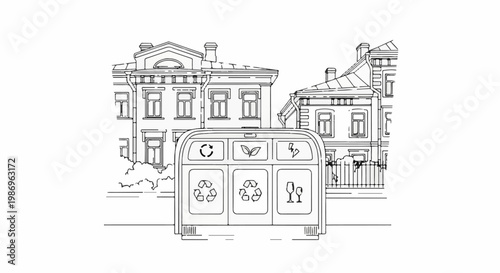 Outline drawing of a multi-compartment recycling bin on a street with buildings behind