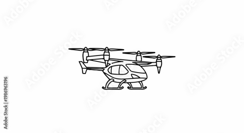 Outline drawing of a futuristic flying vehicle with multiple rotors