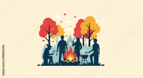 People enjoying a campfire and barbecue amidst autumn foliage and trees