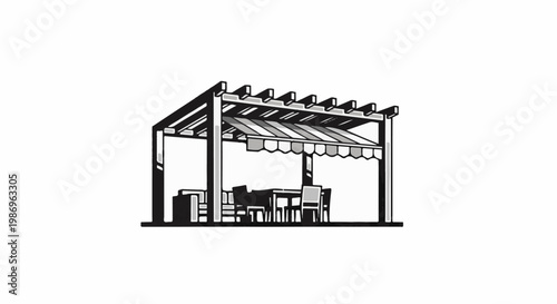 Outdoor cafe seating area with a shaded pergola and awning