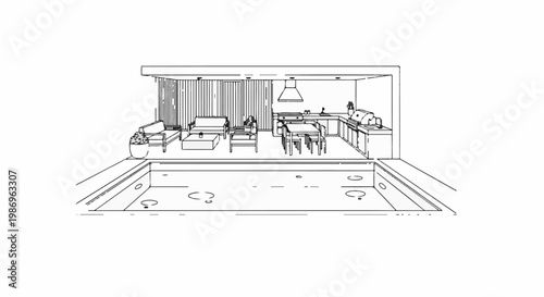 Outdoor living space with a pool, seating area, and open-air kitchen