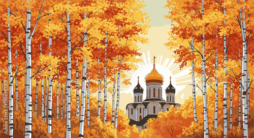 Orthodox church with golden domes nestled among birch trees in autumn colors