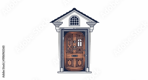 Ornate wooden entrance door with arched window and decorative pediment