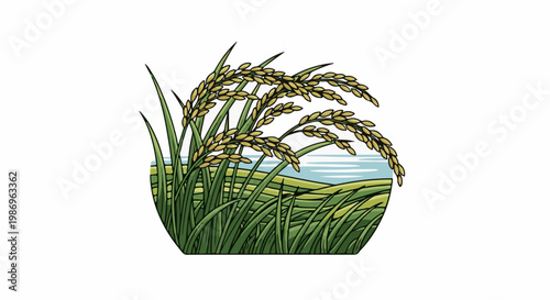 Ripening rice stalks sway gently over lush green fields and a tranquil body of water