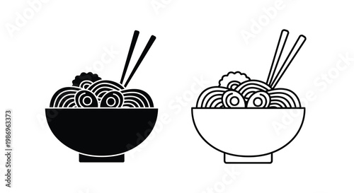 Two black and white depictions of noodle bowls with chopsticks showing contrast