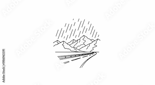Road curves through mountains under heavy rainfall, black and white illustration