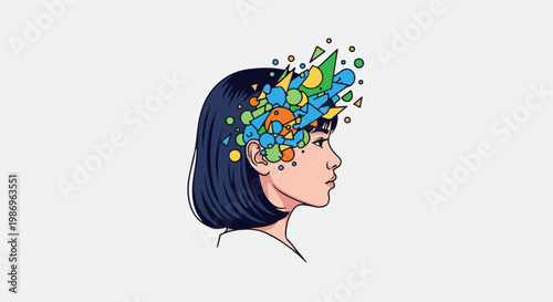 Profile of a woman with colorful abstract shapes exploding from her head