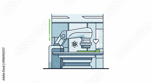 Robotic arm working in a science lab with atom and heart symbols