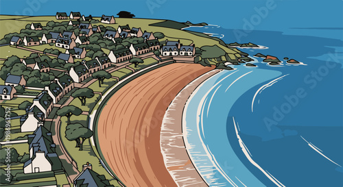 Quaint coastal village nestled beside a sandy beach and blue ocean