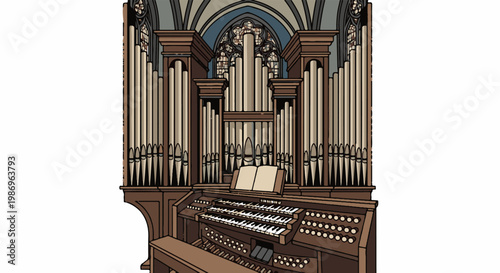 Ornate pipe organ with a music stand and multiple keyboards