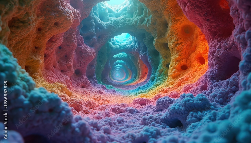 Obraz premium Colorful tunnel with porous cave walls leading to light. Abstract, psychedelic digital art forms intricate, swirling patterns with vibrant rainbow hues. Detailed organic structure.
