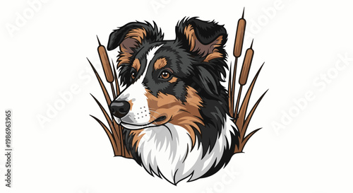 Realistic portrait of a tri-color dog amidst cattails and reeds