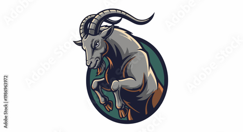 Rearing gray goat with large curved horns and fierce expression