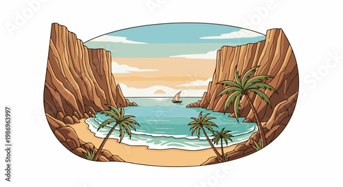 Pixelated coastal cove with palm trees, rocky cliffs, and distant sailboat