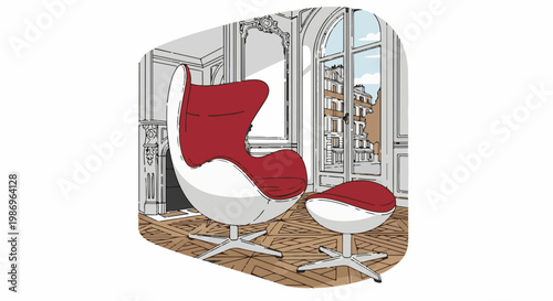 Red egg chair with ottoman in elegantly decorated room with city view
