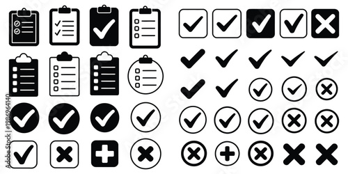 Checklist vector icon set with checkmarks and cross symbols, simple elements for task completion, to-do lists, forms, approval and rejection indicators in modern interface design.