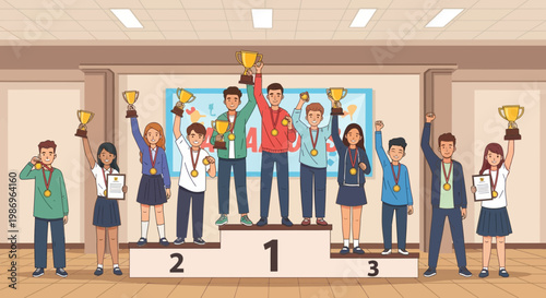 Kids celebrate victory at school competition with trophies and medals in bright classroom setting during the afternoon
