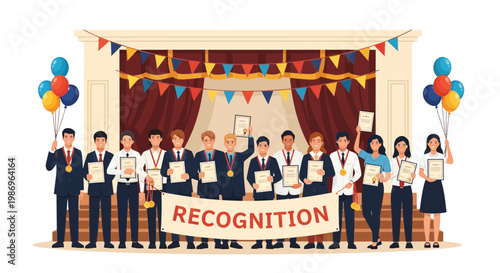 Group of people standing together at a recognition event and holding certificates with balloons in the background