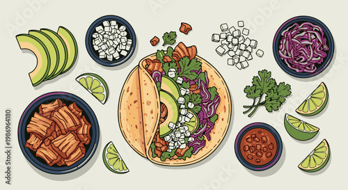 Overhead view of a delicious taco with various toppings and side dishes