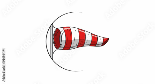 Red and white striped windsock fluttering in the wind on a pole