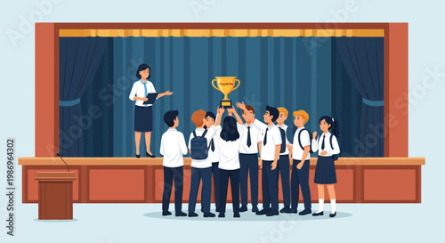 Students celebrate winning a trophy at a school event on stage with a speaker addressing the audience