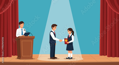 Students receive awards during a school ceremony with a speaker on stage in front of an audience
