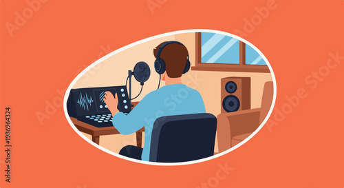 Person wearing headphones at computer with audio interface in studio