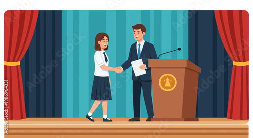 Students shake hands after a speech at a school event in an auditorium with a podium and curtains