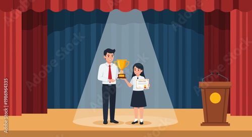 Students celebrate achievement on stage with trophy and certificate during school event