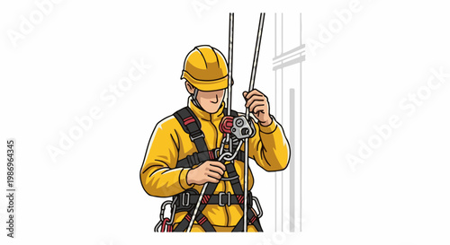Person wearing safety harness and hard hat, handling climbing ropes and equipment