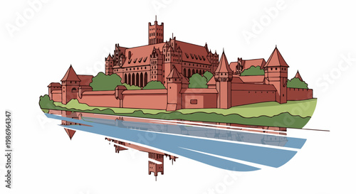 Red brick castle with towers and green foliage, reflected in blue water below