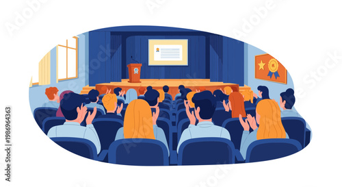 Crowd listens to speaker at an event with a presentation in a theater setting during the day