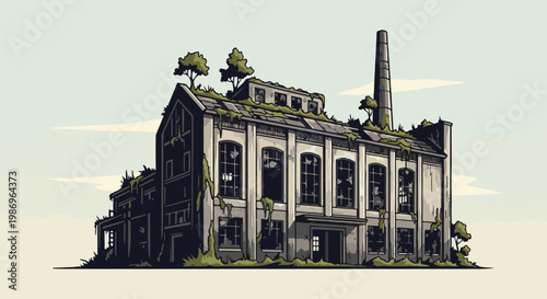 Pixel art abandoned factory with overgrown foliage and broken windows